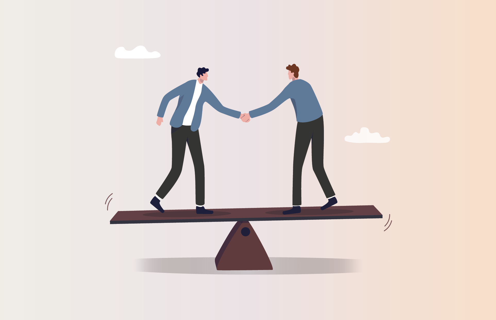 Illustrative graphic of two people standing on a teeter-totter shaking hands